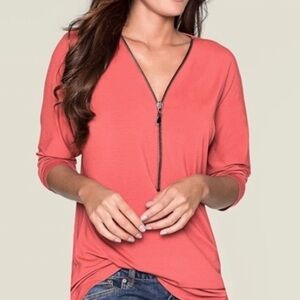 Venus Jersey Knit Zip Up Neckline 3/4 Sleeve Blouse L Coral